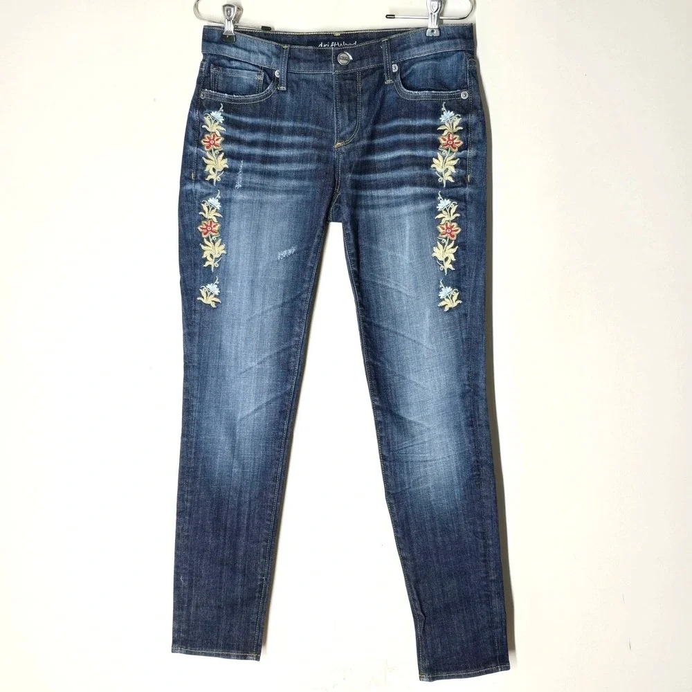 Driftwood Embroidered Floral Jeans Womens 27 Skinny Boho Denim
